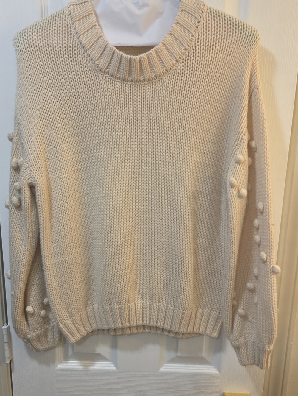 miami Cream Pom-Pom Sleeve Crewneck Sweater